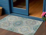 3' X 5' Teal Blue Fern Green And Beige Floral Washable Indoor Outdoor Area Rug