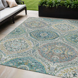 5' X 8' Teal Blue Fern Green And Beige Floral Washable Indoor Outdoor Area Rug