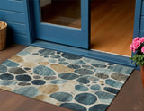 3' X 5' Teal Blue Beige And Ivory Geometric Washable Indoor Outdoor Area Rug