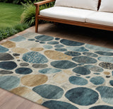8' X 10' Teal Blue Beige And Ivory Geometric Washable Indoor Outdoor Area Rug