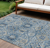 8' X 10' Denim Blue And Gold Floral Medallion Washable Indoor Outdoor Area Rug