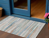 3' X 5' Linen And Pale Aqua Striped Washable Indoor Outdoor Area Rug