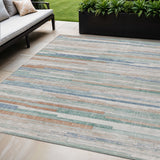 5' X 8' Linen And Pale Aqua Striped Washable Indoor Outdoor Area Rug