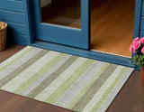 3' X 5' Artichoke Green And Ivory Striped Washable Indoor Outdoor Area Rug