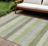 8' X 10' Artichoke Green And Ivory Striped Washable Indoor Outdoor Area Rug