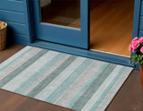 3' X 5' Teal Blue And Ivory Striped Washable Indoor Outdoor Area Rug