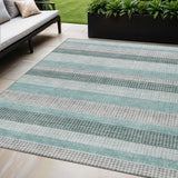 5' X 8' Teal Blue And Ivory Striped Washable Indoor Outdoor Area Rug