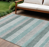 8' X 10' Teal Blue And Ivory Striped Washable Indoor Outdoor Area Rug