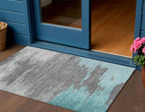 3' X 5' Teal Blue And Gray Abstract Washable Indoor Outdoor Area Rug