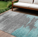 8' X 10' Teal Blue And Gray Abstract Washable Indoor Outdoor Area Rug