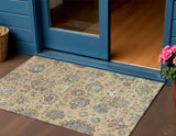 3' X 5' Gold Beige And Pale Aqua Floral Washable Indoor Outdoor Area Rug