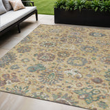5' X 8' Gold Beige And Pale Aqua Floral Washable Indoor Outdoor Area Rug