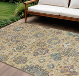 8' X 10' Gold Beige And Pale Aqua Floral Washable Indoor Outdoor Area Rug