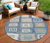 8' Navy Blue Beige And Ivory Round Geometric Washable Indoor Outdoor Area Rug