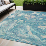 5' X 8' Teal Blue And Ivory Abstract Washable Indoor Outdoor Area Rug