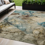 5' X 8' Brown And Teal Blue Abstract Washable Indoor Outdoor Area Rug