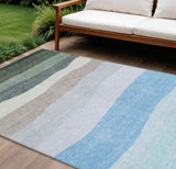3' X 5' Green Blue And Gray Striped Washable Indoor Outdoor Area Rug