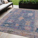 5' X 8' Blue And Purple Tribal Washable Indoor Outdoor Area Rug