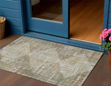 3' X 5' Artichoke Green And Brown Geometric Washable Indoor Outdoor Area Rug
