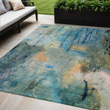 5' X 8' Teal Blue And Gold Abstract Washable Indoor Outdoor Area Rug