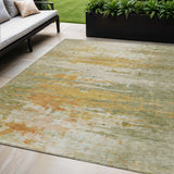 5' X 8' Artichoke Green And Gold Abstract Washable Indoor Outdoor Area Rug