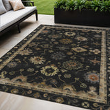 5' X 8' Black And Gold Floral Washable Indoor Outdoor Area Rug