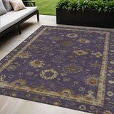 5' X 8' Eggplant And Gold Floral Washable Indoor Outdoor Area Rug