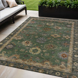5' X 8' Fern Green And Gold Floral Washable Indoor Outdoor Area Rug