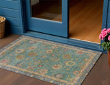 3' X 5' Teal Blue And Gold Floral Washable Indoor Outdoor Area Rug