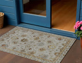3' X 5' Taupe And Gold Floral Washable Indoor Outdoor Area Rug