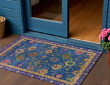 3' X 5' Blue And Gold Floral Washable Indoor Outdoor Area Rug