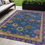 5' X 8' Blue And Gold Floral Washable Indoor Outdoor Area Rug