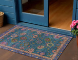 3' X 5' Teal Blue And Gold Floral Washable Indoor Outdoor Area Rug