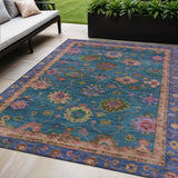 5' X 8' Teal Blue And Gold Floral Washable Indoor Outdoor Area Rug