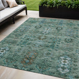 5' X 8' Green And Teal Blue Tribal Washable Indoor Outdoor Area Rug