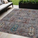 5' X 8' Gray And Teal Blue Tribal Washable Indoor Outdoor Area Rug