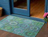 3' X 5' Teal Blue Lime Green And Purple Geometric Washable Indoor Outdoor Area Rug