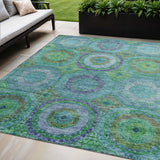 5' X 8' Teal Blue Lime Green And Purple Geometric Washable Indoor Outdoor Area Rug