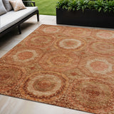 5' X 8' Terra Cotta Copper And Peach Geometric Washable Indoor Outdoor Area Rug