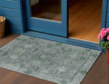 3' X 5' Artichoke Green And Gray Floral Washable Indoor Outdoor Area Rug