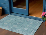 3' X 5' Teal Blue And Pale Aqua Floral Washable Indoor Outdoor Area Rug