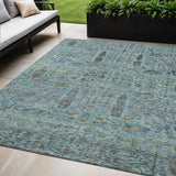 5' X 8' Teal Blue And Pale Aqua Floral Washable Indoor Outdoor Area Rug