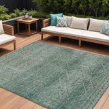 8' X 10' Teal Blue And Ivory Geometric Washable Indoor Outdoor Area Rug