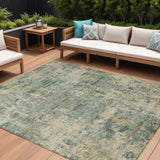 8' X 10' Artichoke Green And Teal Blue Abstract Washable Indoor Outdoor Area Rug