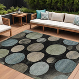8' X 10' Black Fern Green And Teal Blue Geometric Washable Indoor Outdoor Area Rug