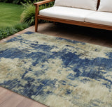 8' X 10' Navy Blue And Beige Abstract Washable Indoor Outdoor Area Rug