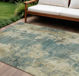 8' X 10' Teal Blue And Beige Abstract Washable Indoor Outdoor Area Rug