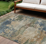 8' X 10' Blue Green And Beige Abstract Washable Indoor Outdoor Area Rug