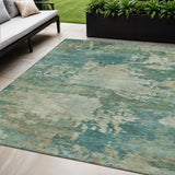 5' X 8' Teal Blue Beige And Denim Blue Abstract Washable Indoor Outdoor Area Rug