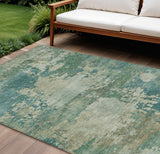 8' X 10' Teal Blue Beige And Denim Blue Abstract Washable Indoor Outdoor Area Rug